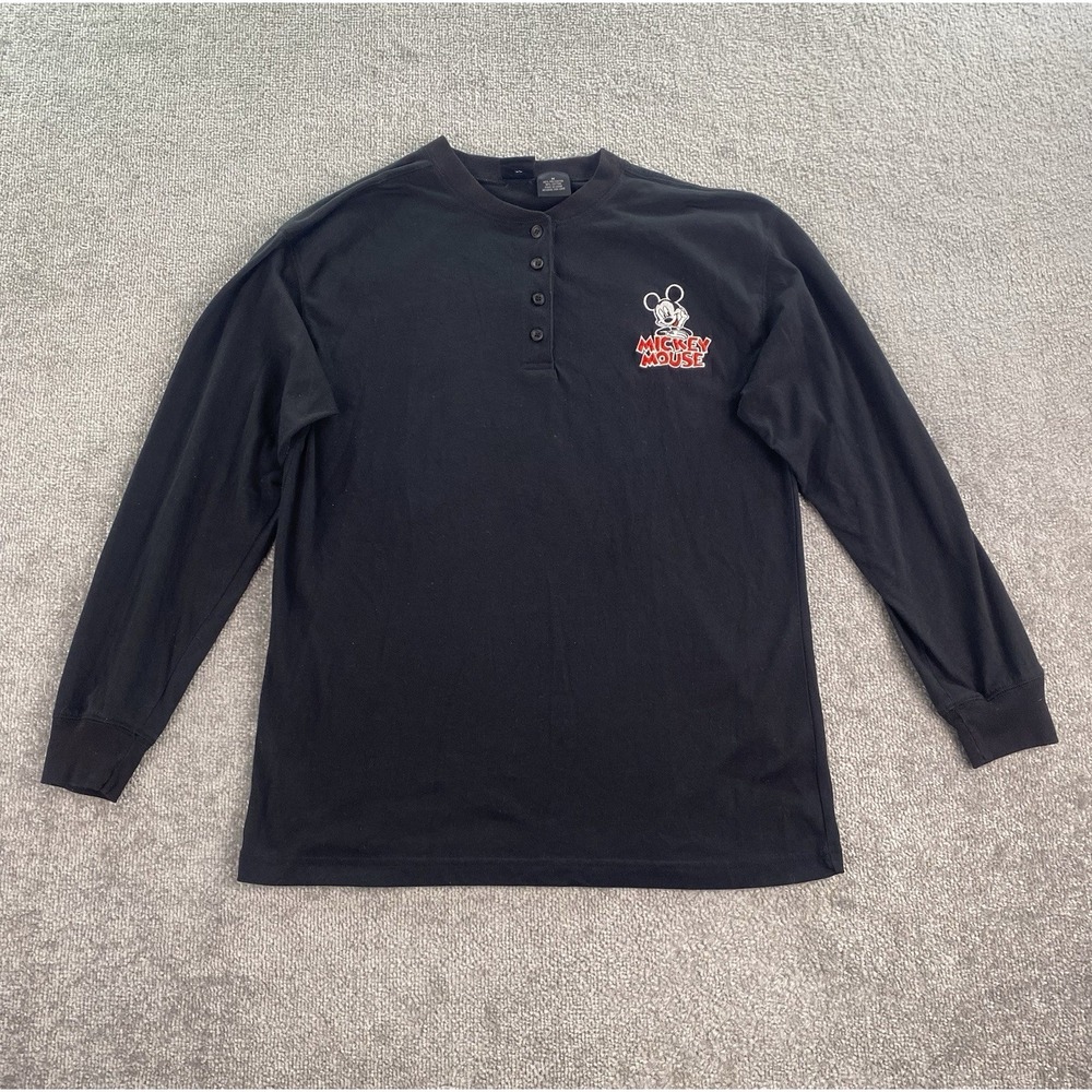 Mickey Mouse Black Long Sleeve Henley Tee - Classic Disney Graphic